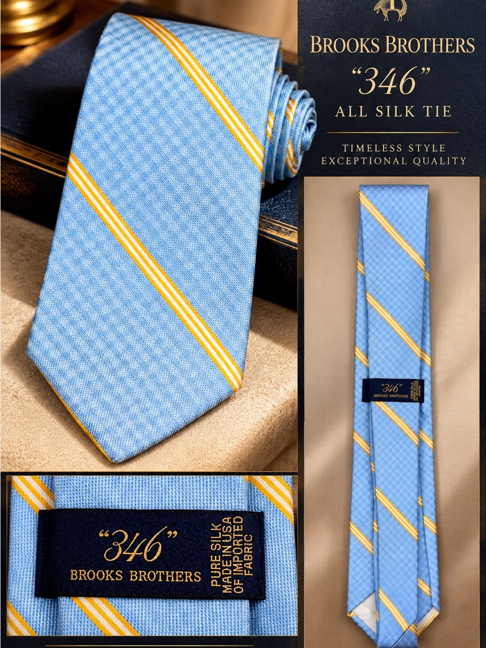 Brooks Brothers 346 Silk Tie Light Blue Yellow Diagonal Stripe 2 5/8”